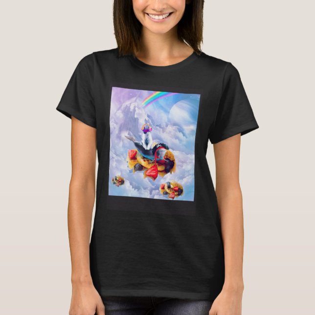Camiseta Cat Riding Dolphin On Clouds And Waffles (Frente)