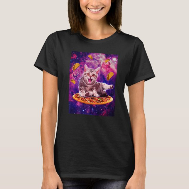 Camiseta Cat Riding Pizza In Space Galaxy Taco Kitten Cats  (Frente)