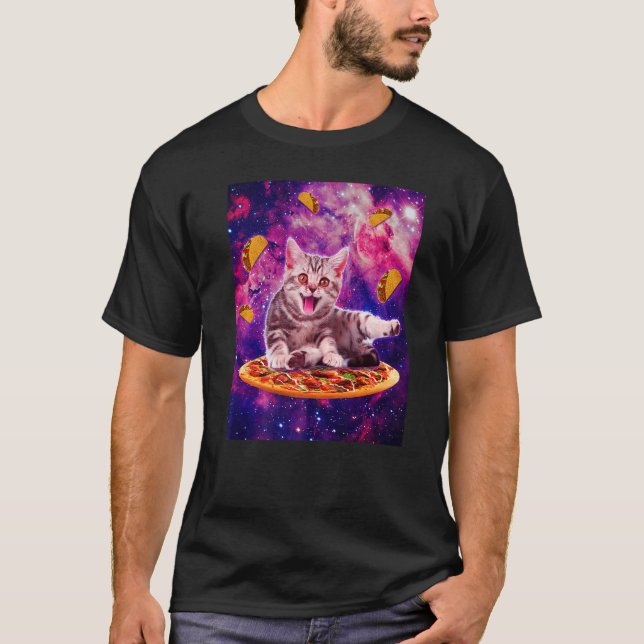 Camiseta Cat Riding Pizza In Space Galaxy Taco Kitten Cats  (Frente)
