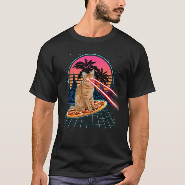 Camiseta Cat Riding Pizza Laser Eyes 80s Cat In Space Cats (Frente)