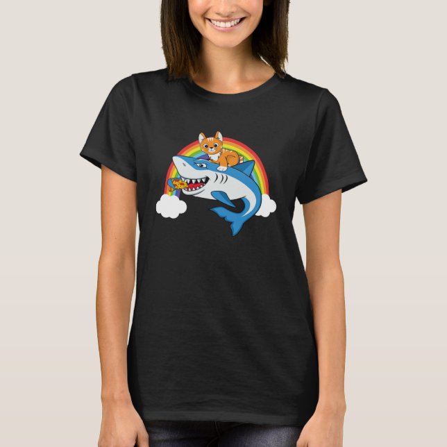 Camiseta Cat Riding Shark Eating Pizza With Rainbow For Piz (Frente)