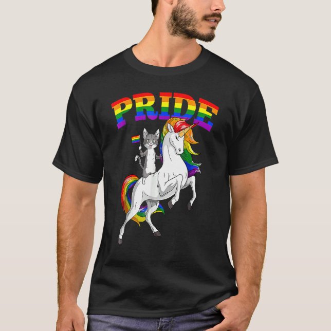 Camiseta Cat Riding Unicorn Orgulho gay Rainbow Lgbtq (Frente)