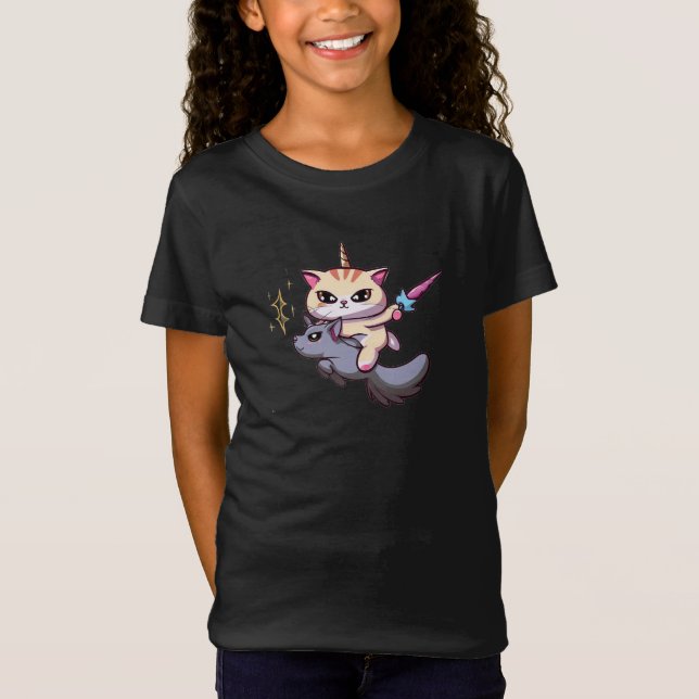 Camiseta Cat Riding Unicorn with Holding Magic Wand (Frente)