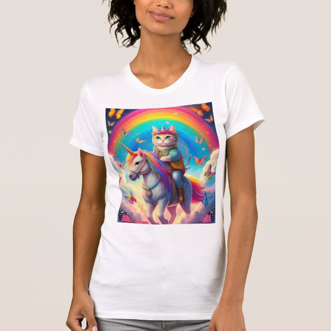 Camiseta Cat Riding Unicorn with Rainbows and Butterflies (Frente)