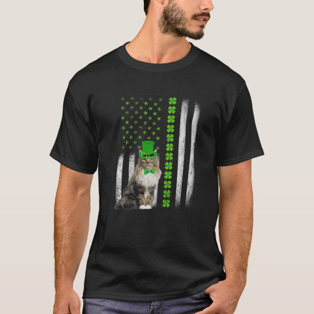 Camiseta Cat Saint Patrick's Day Engraçado EUA Flag Cat (Frente)
