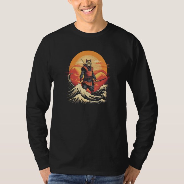 Camiseta Cat Samurai Charming Japanese Style The Great Wave (Frente)