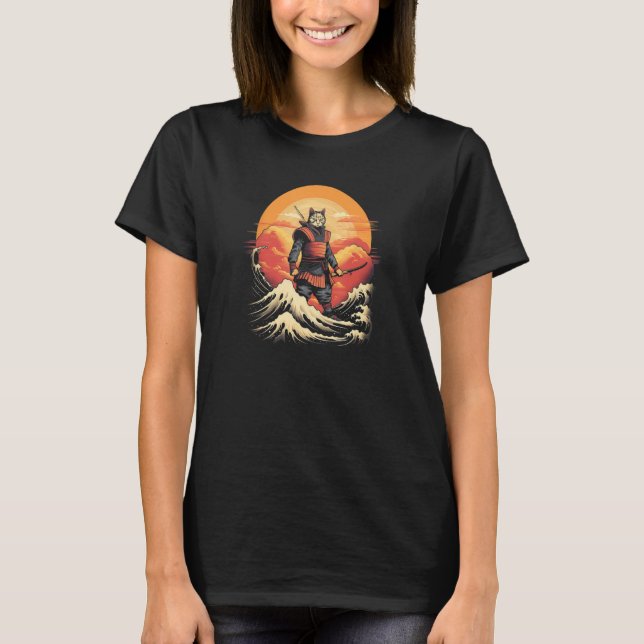 Camiseta Cat Samurai Charming Japanese Style The Great Wave (Frente)