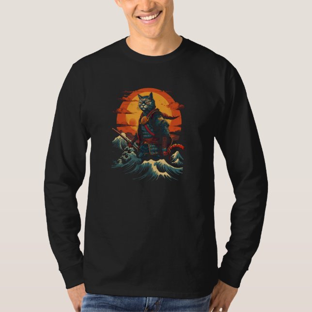 Camiseta Cat Samurai The Great Wave  Charming Japanese Styl (Frente)