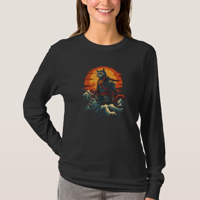 Camiseta Cat Samurai The Great Wave  Charming Japanese Styl (Frente)