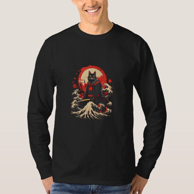 Camiseta Cat Samurai & The Great Wave  Mesmerizing Japanese (Frente)