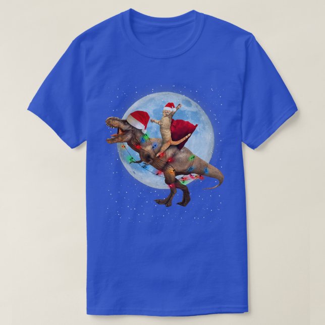 Camiseta Cat Santa Hat Andando Dinossauro e Lua Natal (Frente do Design)