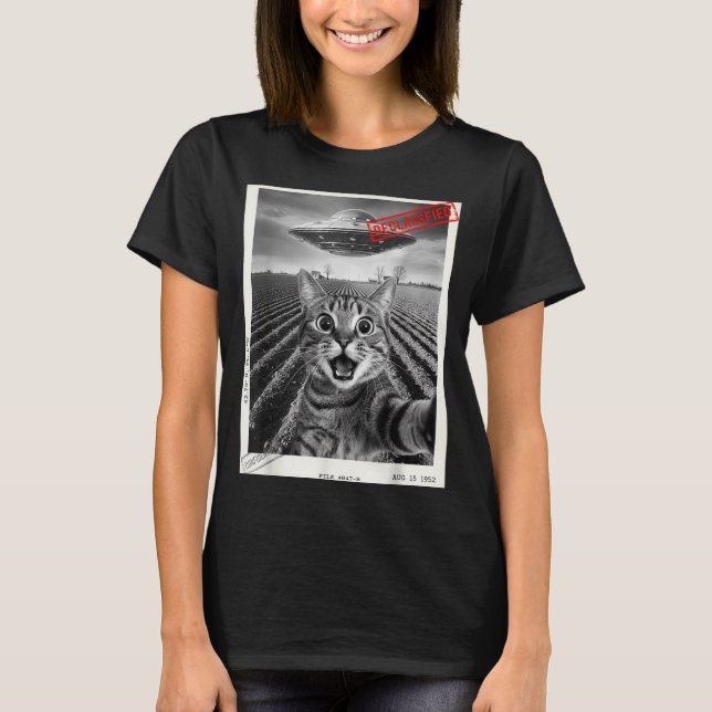 Camiseta Cat Selfie Ufo Alien Funny Surprised Cat Meme Men  (Frente)
