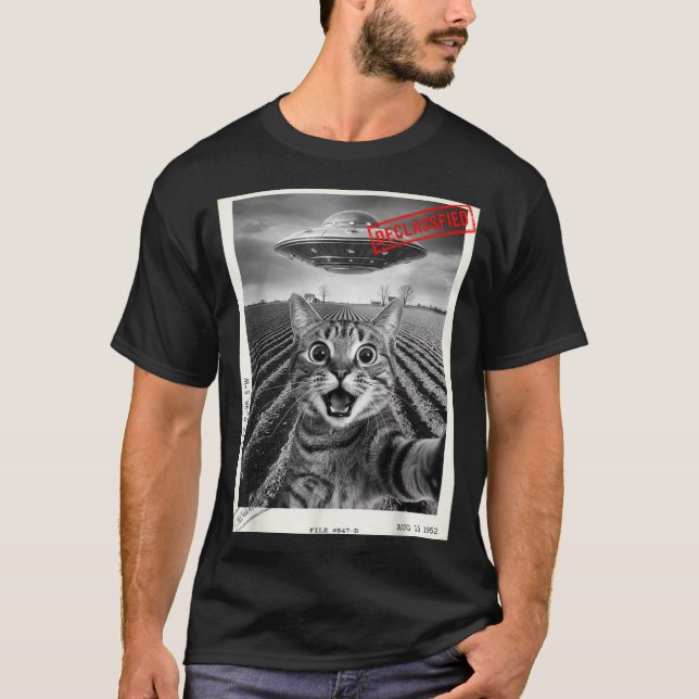 Camiseta Cat Selfie Ufo Alien Funny Surprised Cat Meme Men  (Frente)
