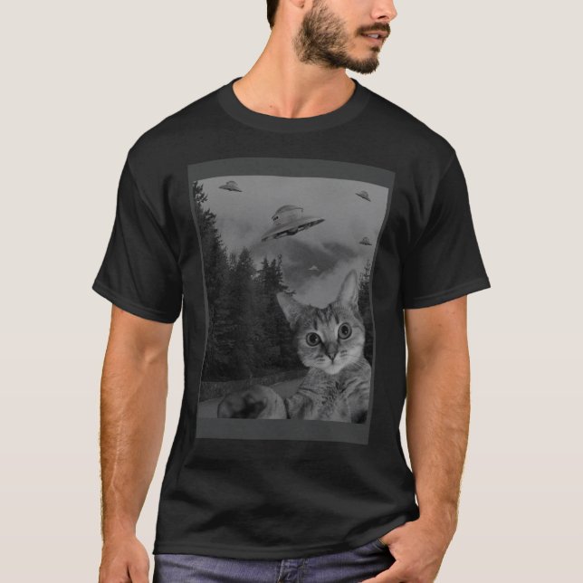 Camiseta Cat Selfie UFO Sighting Alienígena Conspiração Sci (Frente)