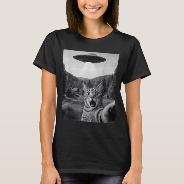 Camiseta Cat Selfie With Alien Ufo Funny Cat Funny Ed Cat  (Frente)