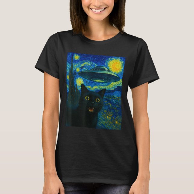 Camiseta Cat Selfie With Alien Ufo Night Van Gogh Men Women (Frente)