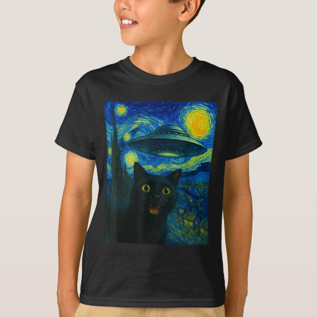 Camiseta Cat Selfie With Alien Ufo Night Van Gogh Men Women (Frente)