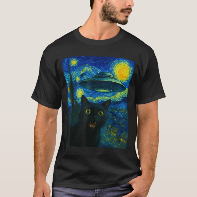 Camiseta Cat Selfie With Alien Ufo Night Van Gogh Men Women (Frente)
