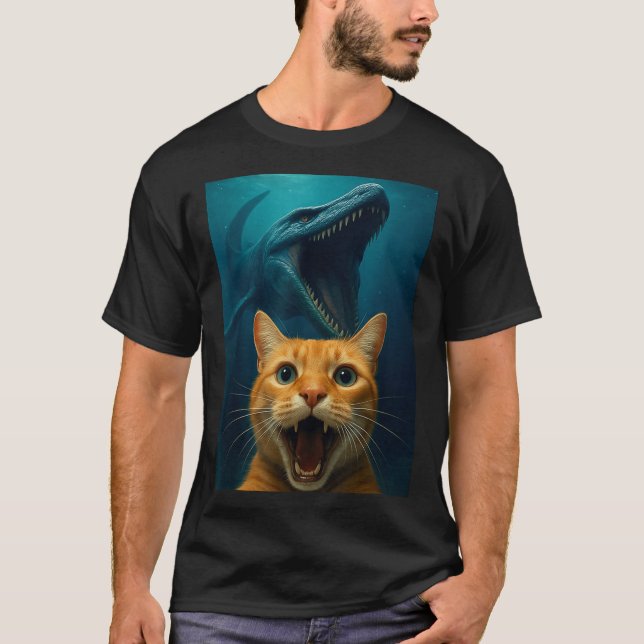 Camiseta Cat Selfie With Mosasaurus Dinosaur For Boys Kids  (Frente)