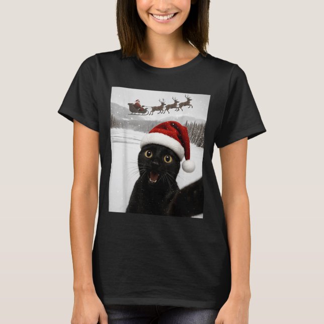 Camiseta Cat Selfie With Santa Funny Black Cat Christmas Me (Frente)