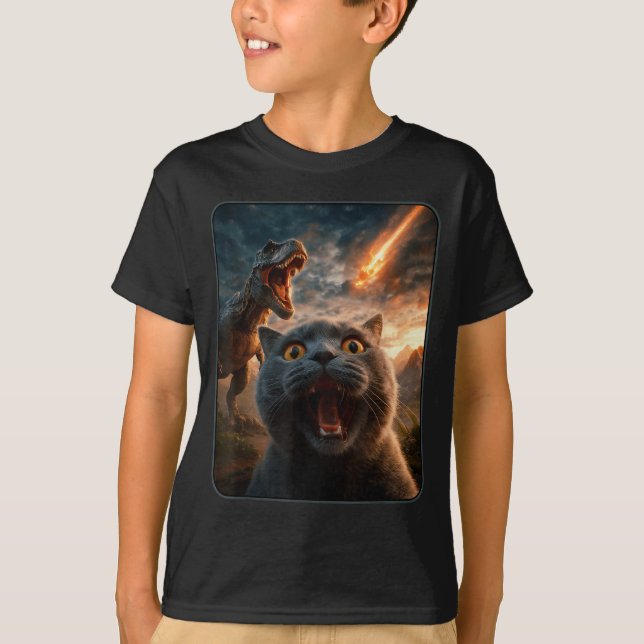 Camiseta Cat Selfie With T-rex Dinosaur Funny Cat T Rex Shi (Frente)