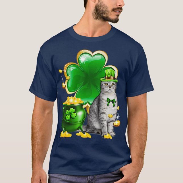 Camiseta Cat Shamrock Dia de São Patrício Cat Irish Gift (Frente)