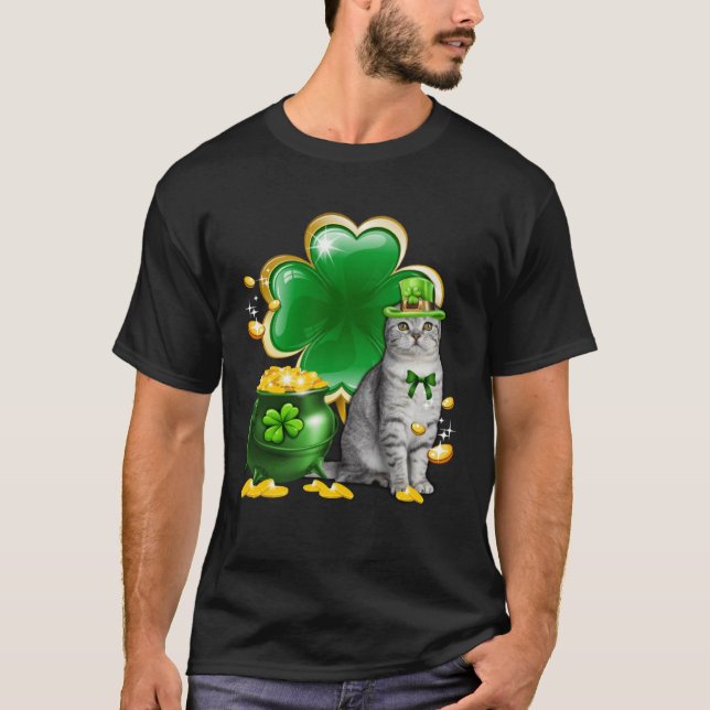 Camiseta Cat Shamrock Dia de São Patrício Cat Meowy Irish (Frente)