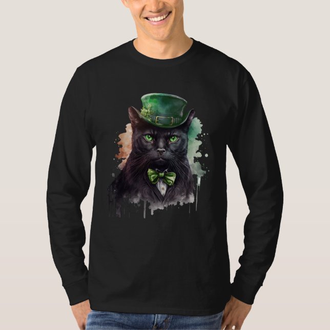 Camiseta Cat  Shamrock St Patrick s Day Leprechaun Hat Blac (Frente)