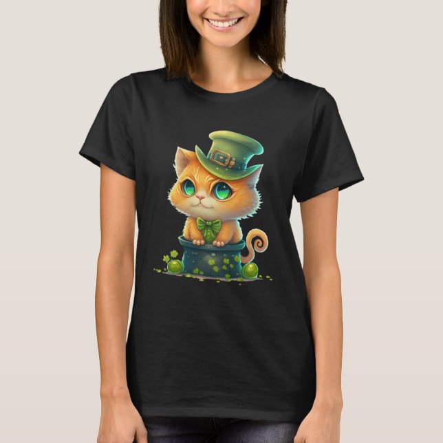 Camiseta Cat Shamrock St Patrick s Day Leprechaun Hat Cute  (Frente)