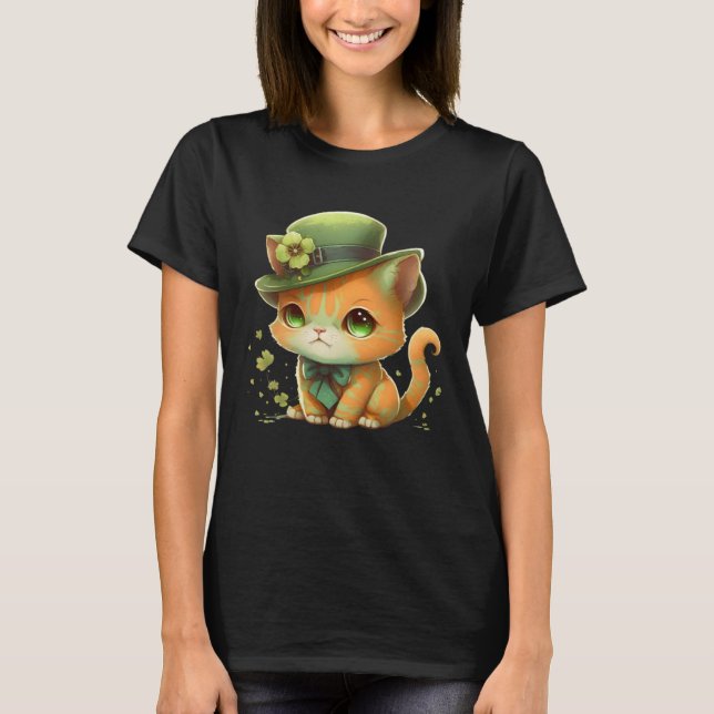 Camiseta Cat Shamrock St Patrick s Day Leprechaun Hat Cute  (Frente)