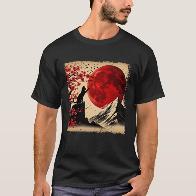 Camiseta Cat Silhouette Cherry Blossomo Red Moon Japonês A (Frente)