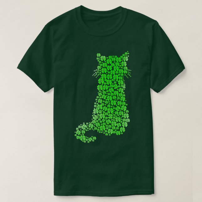 Camiseta Cat Silhouette Shamrock Dia de São Patrício Kitten (Frente do Design)