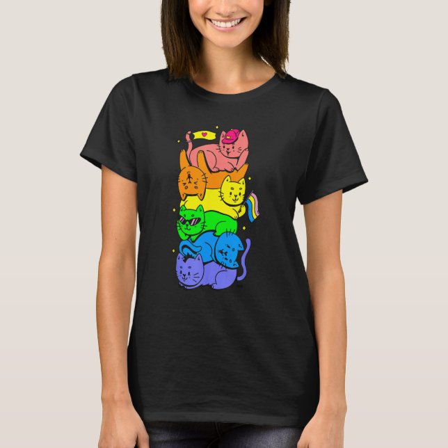 Camiseta Cat Stack Rainbow Gay Pride Cute LGBT Animal Pet (Frente)