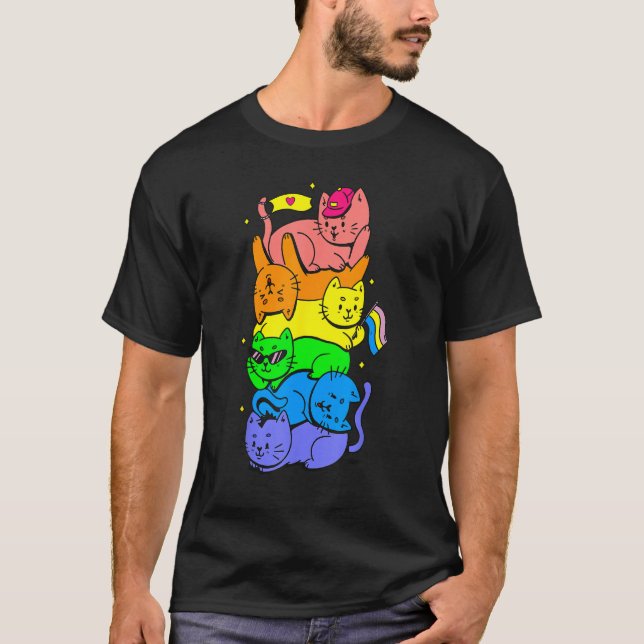 Camiseta Cat Stack Rainbow Gay Pride Cute LGBT Animal Pet (Frente)
