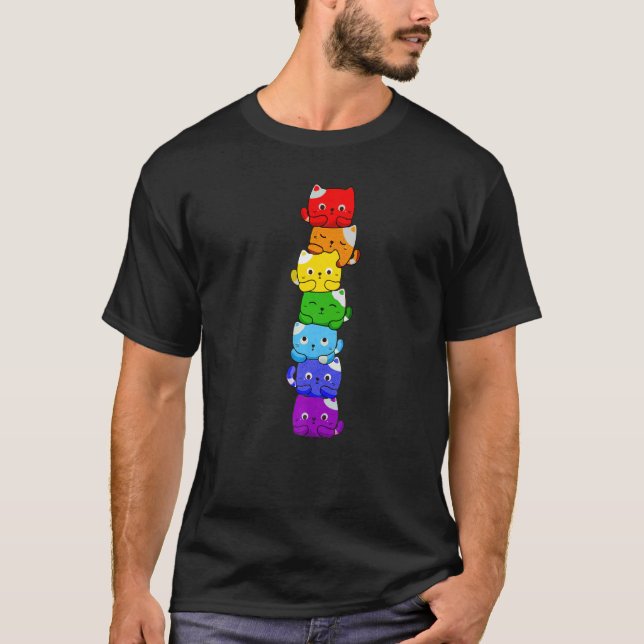 Camiseta Cat Stack Rainbow Gay Pride Cute LGBT Animal Pet (Frente)