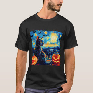 Camiseta Cat Starry Night Van Gogh Cat Bats Pumpkins