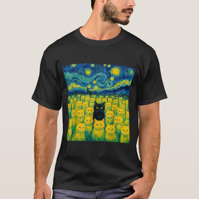 Camiseta Cat Starry Night Van Gogh Cat For Cat Lover  (Frente)