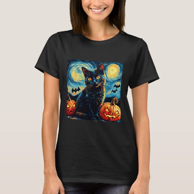 Camiseta Cat Starry Night Van Gogh Cat Lover Pumpkins Bats (Frente)