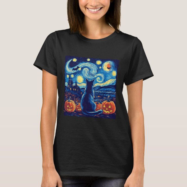 Camiseta Cat Starry Night Van Gogh Cat Lovers Pumpkins (Frente)