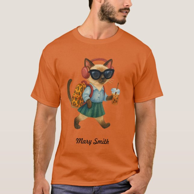 Camiseta Cat Student Back to School  Head phone bubble tea (Frente)