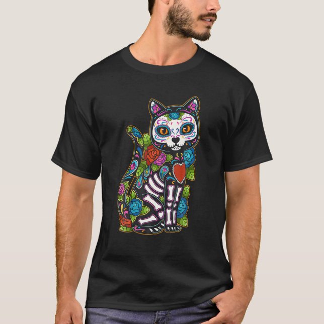 Camiseta Cat Sugar Skull México Calavera Dia De Los Muertos (Frente)