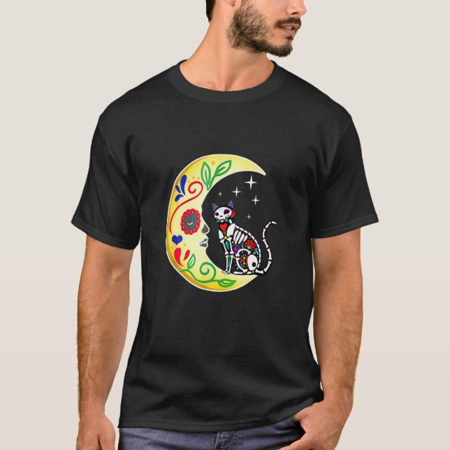 Camiseta Cat Sugar Skull Mexico Calavera Moon Halloween (Frente)