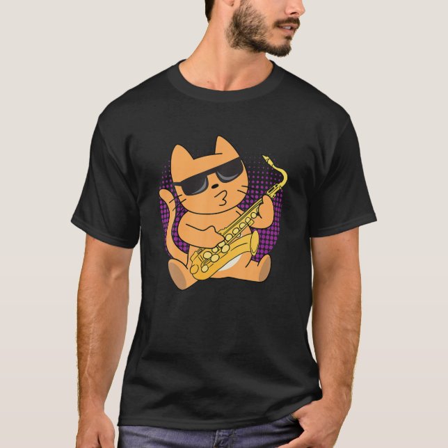 Camiseta Cat Sunglass Músico-saxofone Sisperador Felino (Frente)