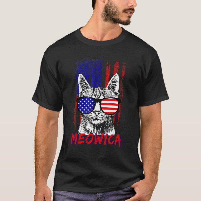 Camiseta Cat Sunglasses 4th of July Meowica Merica USA Amer (Frente)