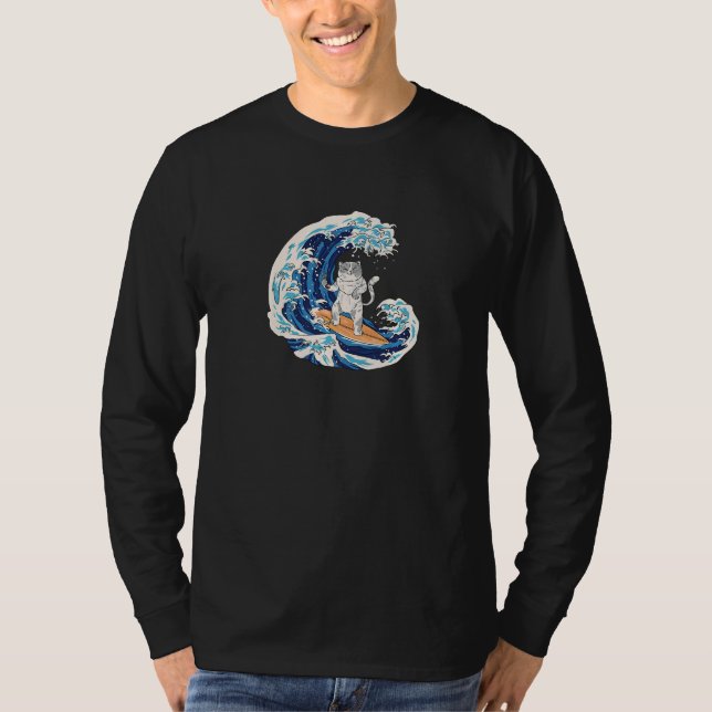 Camiseta Cat surfing a Wave eating Sushi in Japanese Style  (Frente)