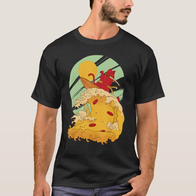Camiseta Cat Surfing Pizza No Legal Estilo Samurai (Frente)