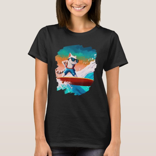 Camiseta Cat Surfing Surfer Riding Wave Ocean Artistic Cool (Frente)