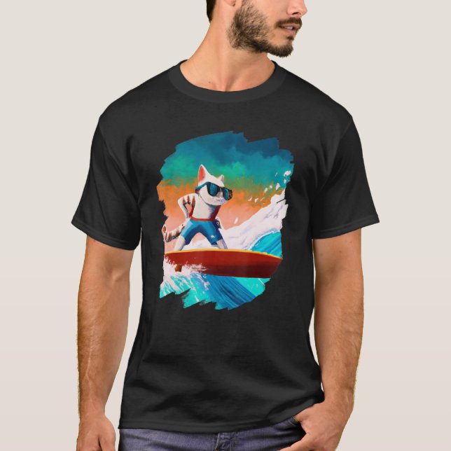 Camiseta Cat Surfing Surfer Riding Wave Ocean Artistic Cool (Frente)