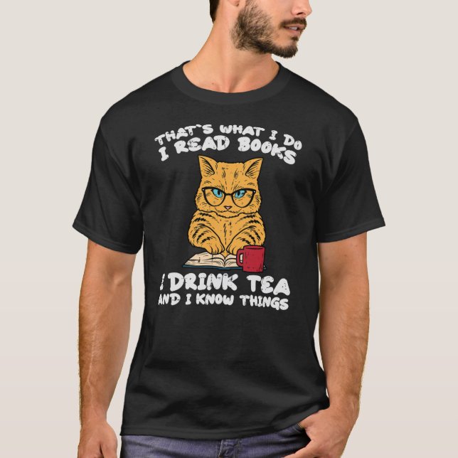 Camiseta Cat Tea Funny Read Reading Book Librarian Men Wome (Frente)