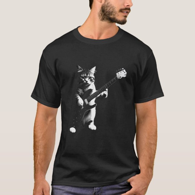 Camiseta Cat Tocando Violão Elétrico Rock Music Engraçado H (Frente)